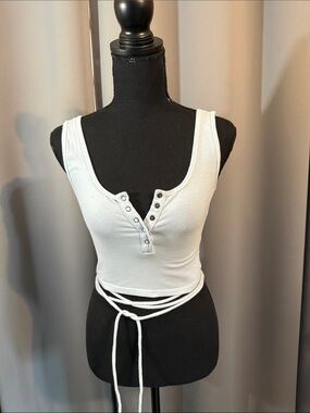 American Eagle Outfitters White Ribbed Snap-Front Tank with Wrap Tie